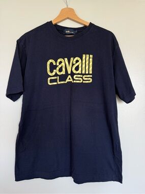Cavalli Class Navy T-Shirt with Gold Logo Print